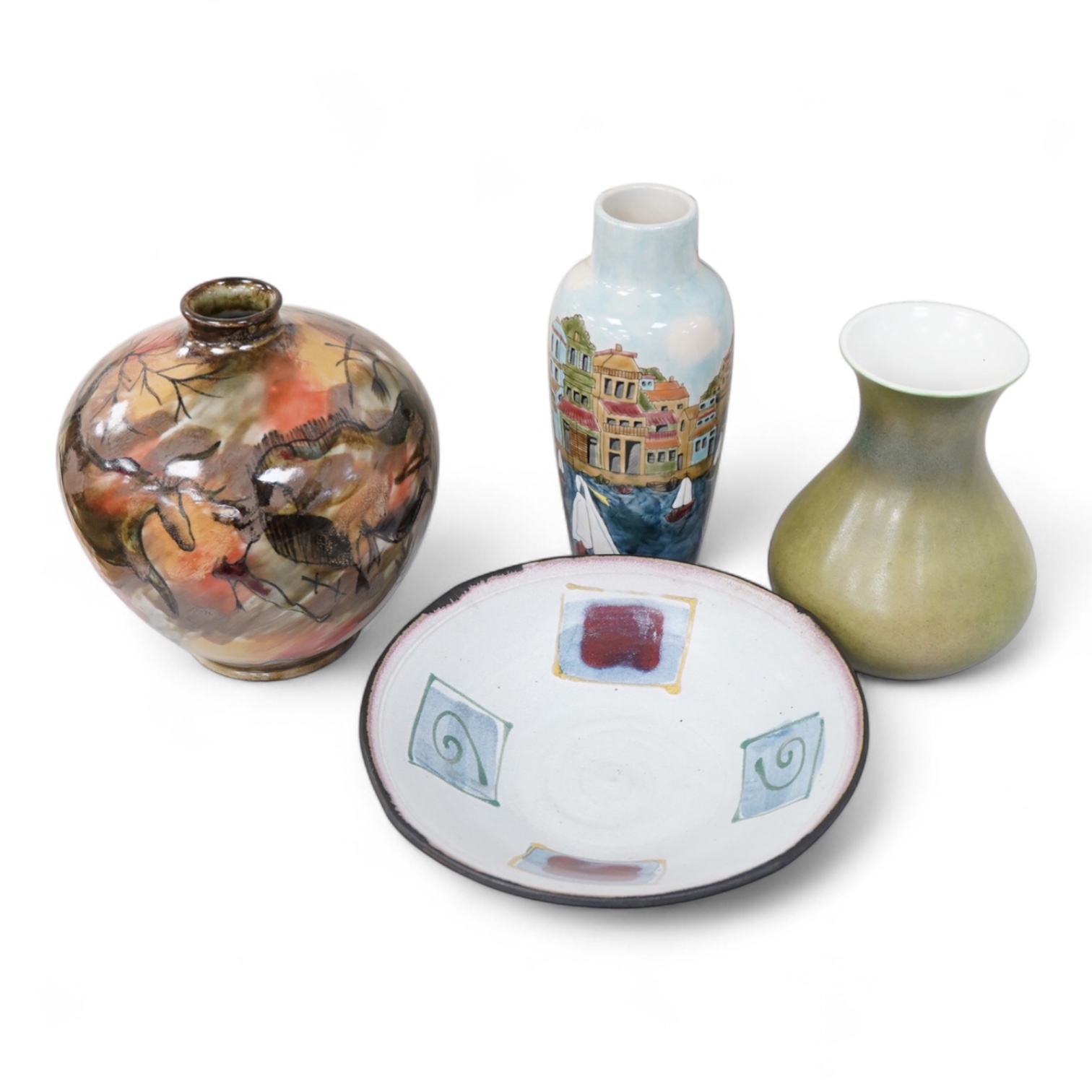 Two Cobridge vases, a Pilkington's Royal Lancastrian vase, 20cm high and a Diane Cross bowl